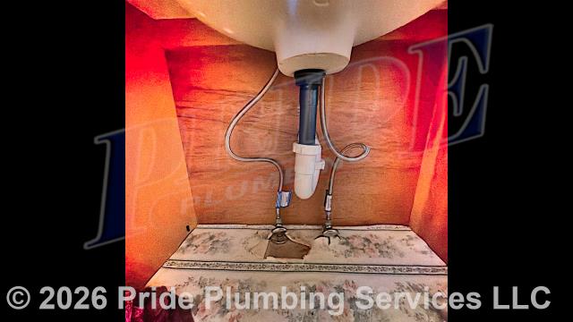 Pride Plumbing came out and performed the following work: 1) in a downstairs bathroom, installed a new faucet, PVC P-Trap, and drain system underneath the bathroom sink; 2) in that same downstairs bathroom, installed a new Delta rough-in shower valve, shower head arm and shower head, shower trim kit with handle, drain cover, and downspout diverter; 3) in an upstairs bathroom, installed a new faucet, PVC P-Trap, and drain system underneath the bathroom sink; and 4) at the kitchen sink, installed a new faucet, PVC P-Trap, and drain system underneath the kitchen sink.