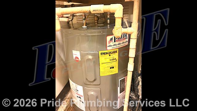 Pride Plumbing came out and 1) replaced a toilet with a new Gerber Viper model (this included draining and pulling the old toilet, inspecting and cleaning the flange, replacing the toilet bowl, toilet tank, tank to bowl gasket and bolts, seat, wax ring gasket, toilet bowl bolts, toilet bowl bolt washers, toilet bowl bolt caps, and above-floor stainless steel braided water supply line. Once installed, we tested for leaks and proper operation with no issues); and 2) replaced a leaking 38-gallon electric lowboy water heater with a new 38-gallon electric Rheem PROE38-S2-RH95-B lowboy model (this included removing and disposing of the old water heater; and installing the new water heater, ball water shut-off valves, PEX and stainless steel water supply lines to the water heater's water connections, a brass drain valve, connecting the unit's electrical connections, bleeding the air out of the water lines, venting the T&P valve, and setting the unit's temperature.