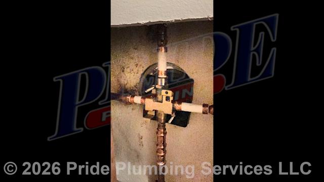 Pride Plumbing came out and replaced a leaking single-handle bathtub/shower faucet valve with a new Delta single-handle model with chrome trim (shower head, faucet valve handle and cover, downspout diverter, and overflow cover). This included cutting an access in the shower wall and replacing the valve along with short sections of its hot- and cold-water supply lines with new PEX piping and fittings.