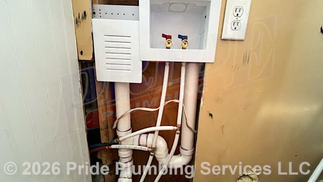 Pride Plumbing came out and performed the following work: 1) replaced the hookups for a washing machine (this included installing new PEX hot and cold water supply lines, boiler drains, PVC drain, and a ProPlus plastic washer box; tying the water supply and drain lines into their respective water and sewer mains under the home; and insulating the PEX hot and cold water supply lines); and 2) dug down outside the home's foundation to access the outside main sewer septic drain line, cut into the line, installed a new two-way PVC cleanout; replaced the cast iron drain piping from underneath the home to the new cleanout with new PVC piping and fittings; and 3) tested the new piping for leaks and proper drainage and backfilled the area we dug out.