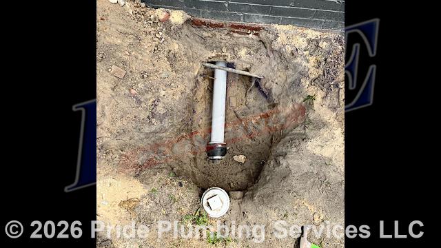 Pride Plumbing came out and performed the following work: 1) replaced the hookups for a washing machine (this included installing new PEX hot and cold water supply lines, boiler drains, PVC drain, and a ProPlus plastic washer box; tying the water supply and drain lines into their respective water and sewer mains under the home; and insulating the PEX hot and cold water supply lines); and 2) dug down outside the home's foundation to access the outside main sewer septic drain line, cut into the line, installed a new two-way PVC cleanout; replaced the cast iron drain piping from underneath the home to the new cleanout with new PVC piping and fittings; and 3) tested the new piping for leaks and proper drainage and backfilled the area we dug out.