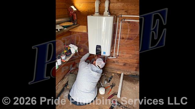 Pride Plumbing came out and performed the following work: 1) repiped and replaced the water supply lines under the house in the crawlspace, going to the fixtures in the kitchen and one bathroom, and at the washing machine and water heater, with new PEX piping and fittings; and 2) replaced a 50-gallon tank water heater with a new Navien 180S tankless model without a NAVICIRC recirculation pump (this included a) removing and disposing of the old water heater along with its electrical wiring, venting, and gas and water supply lines; b) installed the new tankless unit along with its service valves, PEX and stainless steel water lines to the unit's water connections, black iron gas supply line, gas regulator, drip leg, gas shutoff valve, and condensation and intake lines; c) wiring up the unit; d) ensuring that it was properly vented; and e) lighting and programming the unit).