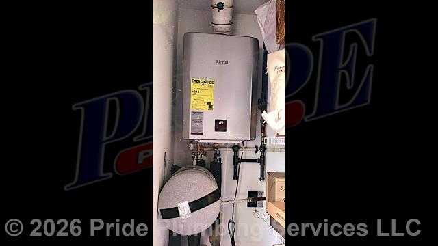 Winston-Salem, NC - Pride Plumbing came out and replaced a malfunctioning tankless water heater with a new Rinnai tankless model. This included: 1) removing and disposing of the old water heater along with its electrical wiring, venting, and gas and water supply lines; 2) installing the new tankless unit along with its service valves, PEX and stainless steel water lines to the unit's water connections, copper gas supply line, gas regulator, recirculating kit, drip leg, gas shutoff valve, and condensation and intake lines; 3) wiring up the unit; 4) ensuring that it was properly vented; and 5) lighting and programming the unit.