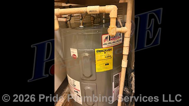Pride Plumbing came out and performed the following work: 1) replaced a toilet with a new Gerber Viper model (this included draining and pulling the old toilet, inspecting and cleaning the flange, replacing the toilet bowl, toilet tank, tank to bowl gasket and bolts, seat, wax ring gasket, toilet bowl bolts, toilet bowl bolt washers, toilet bowl bolt caps, and above-floor stainless steel braided water supply line); and 2) replaced a leaking 38-gallon electric lowboy water heater with a new 38-gallon electric lowboy model (this included removing and disposing of the old water heater; installing water heater pads, the new water heater, ball water shut-off valves, PEX and stainless steel water supply lines to the water heater connectors, a brass drain valve, bleeding the air out of the water lines, ensuring that the unit’s temperature and pressure (T&P) relief valve was properly vented, wiring the water heater's electrical connections (adding a Romex connector), and setting its temp.