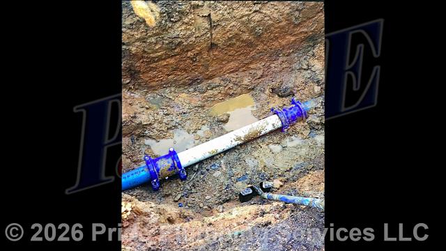 Pride Plumbing was called out for a drain leak on a PVC pressurized drainpipe at a rural location inside the county. This required us to perform the following work: 1) use an excavator to dig down and expose the leaking section of pressurized pipe; 2) cut into the line and install new PVC pressure pipe and connect back onto the existing PVC pressure piping with new HyMax couplings and pressure PVC fittings; 3) test the repair for leaks and working order; and 4) backfill and tamp the area after the work was completed.