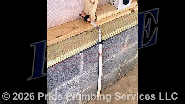 Pride Plumbing came out and performed the following work: 1) installed a new PEX main water line at the water meter along with installing a water meter box; 2) ran the water line into the crawl space and made the water line connections underneath the house and installed a new thermal expansion tank; 3) took the home off its well system, all but the hose bibs; 4) insulated the new water line where it runs shallow at the home's foundation; and 5) installed two new Woodford 19 frost-free outside hose bib spigots - one in front of the building and one in the back.
