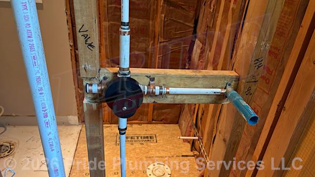 Pride Plumbing came out and performed the following work: 1) installed a new shower valve and diverter; 2) installed a new flange and PEX water supply line for a new toilet; 3) connected the valve and diverter onto the PEX and copper water main underneath the home; and 4) confirmed that there were no leaks.