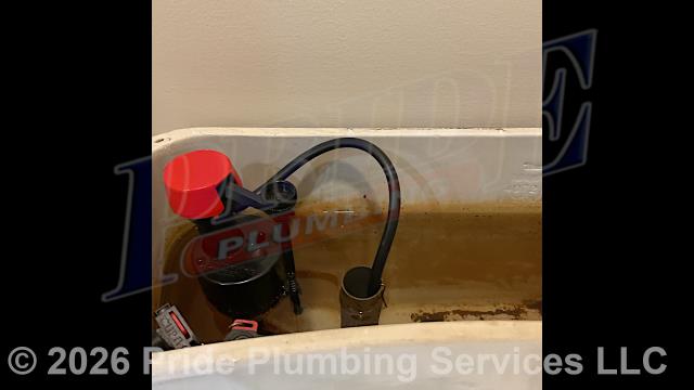 Pride Plumbing was called out to investigate a potential water leak that was noted by the town. Our inspection found an American Standard toilet tank that was running constantly and not filling. Further inspection determined that the tank’s water fill valve was malfunctioning. After shutting off the water, we drained the water from the tank, replaced the water fill valve with a new Fluidmaster PRO45B model along with its above floor braided stainless-steel water supply line. Then we turned the water back on, filled the tank, and tested for leaks and proper operation with no further issues. We also provided a cost estimate to replace the toilet with a new Gerber Viper model. This would include draining and pulling the old toilet, inspecting/cleaning/replacing the flange, replacing the toilet bowl, toilet tank, flapper, water fill valve, tank to bowl gasket and bolts, seat, wax ring gasket, toilet bowl bolts, toilet bowl bolt washers, toilet bowl bolt caps, and supply line.
