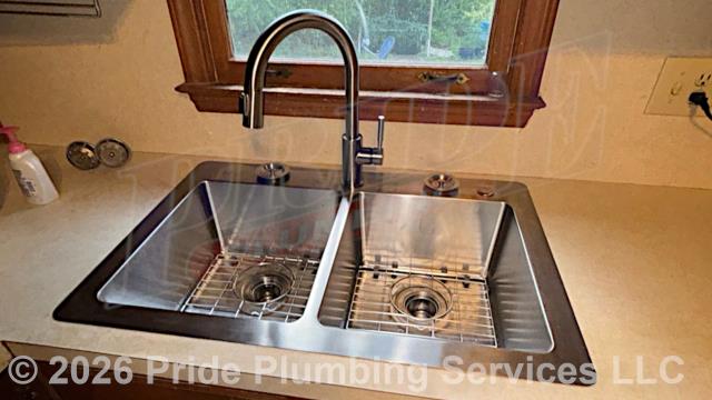 Pride Plumbing came out and performed the following work: 1) installed a new customer-supplied two-compartment stainless-steel kitchen sink (along with its basket strainers, P-trap, end outlet waste, dishwasher tailpiece, PVC drain line (tying into the existing drain line under the house), and hot and cold PEX and stainless steel braided water supply lines and their water supply stops); installed a Delta single-handle kitchen sink faucet and caulked around the sink; 2) installed a customer-supplied bathroom sink (along with a two-handle Delta faucet, grid strainer; water shutoff valves, and braided stainless-steel water supply lines, and caulked around the sink); and 3) installed a new Delta 1300 shower valve along with its trim.