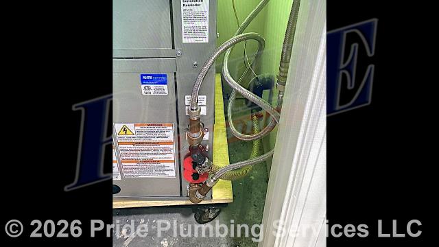 Winston-Salem, NC - Pride Plumbing came out and performed the following work: 1) in a downstairs men’s bathroom, we connected two bathroom sinks' drain assemblies (adding new P-traps, PVC bends, and a slip-joint extension on one of them, and connecting onto the existing drain piping with no-hub couplings) and tested for leaks and proper drainage; and 2) on the second floor, we connected a water line to an AquaHeat unit (adding a bronze reducing 90-degree elbow, brass nipple, and braided stainless-steel lavatory line) and tested for leaks.