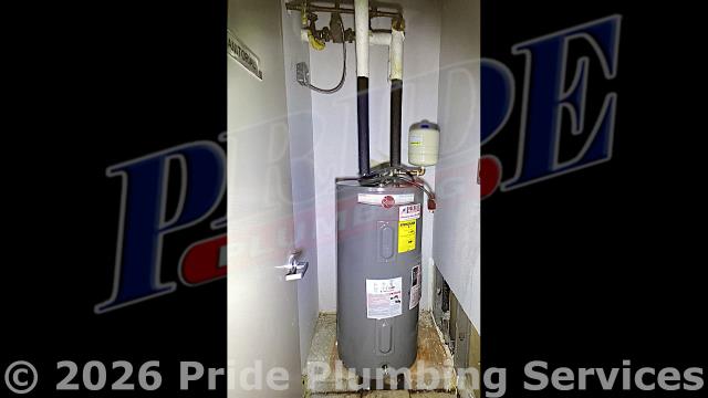 Pride Plumbing came out and installed a new 50-gallon electric Rheem PROE50-M2-RH95 water heater. After running new PEX water lines over to the unit, we installed water heater pads, the new water heater, a thermal expansion tank, ball water shut-off valves, PEX and stainless-steel water supply lines over to the water heater connectors, a brass drain valve, and wired up the electrical connections to the new water heater (adding a Romex connector). Then we bled the air out of the water lines, ensured that the unit’s temperature and pressure (T&P) relief valve was properly vented, and set the unit to its appropriate operating temperature. We also installed six new Woodford close-coupled FPT chrome backflow preventer wall faucets, used copper piping and Viega ProPress fittings to replace a gate valve with a new ball valve, and repaired a leaking overhead cast iron pipe with new PVC piping and fittings. 