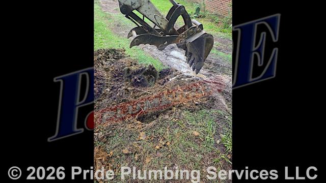 Pride Plumbing was called out for a water leak in the yard. After shutting off the water, we used an excavator, dug down, and found a leak on a black roll outside main water supply line that had been damaged by roots. We cut out the leaking section of black roll pipe and repaired it with new PEX piping and fittings. We then turned the water back on, flushed debris out of the water line at an outside hose bib spigot, checked for leaks, and covered the whole up that we dug. We also provided a cost estimate to trench a ditch from an existing water meter to the home and replace the black roll main outside water supply line with new black roll and PEX piping and fittings along with installing a new pressure reducing valve (PRV) and ball water shutoff valve at the water meter.