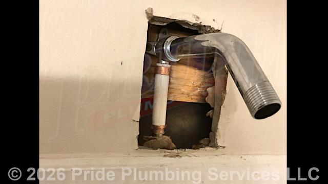 Pride Plumbing was called out for a shower arm broken off inside the wall. After shutting off the water and cutting an access in the shower wall, we removed and replaced the drop ear and shower arm (adding a 90-degree swivel and ProPlus shower arm with flange). We also added backing behind the drop ear for extra support. We then cut the water back on and tested for leaks with no further issues.