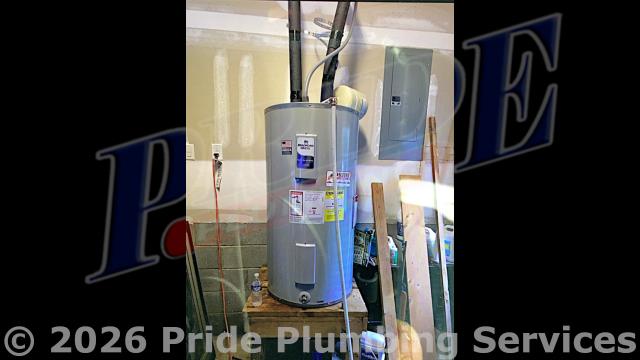 Pride Plumbing came out and replaced a leaking 50-gallon electric State ProLine EN6-50-DORS water heater with a new 50-gallon electric Bradford White RE350S6-1NCWW model. First, after shutting off the water and disconnecting its electrical connections and inlet and outlet water lines, we removed and disposed of the old water heater. Then we installed water heater pads, the new water heater, thermal expansion tank, ball water shut-off valves, PEX and stainless-steel water supply lines to the water heater connectors, a brass drain valve, and wired up the electrical connections to the new water heater (adding a Romex connector). Finally, we turned the water back on and bled the air out of the water lines, ensured that the unit’s temperature and pressure (T&P) relief valve was properly vented, and set the unit to its appropriate operating temperature.