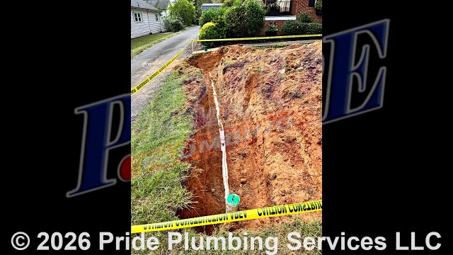 Pride Plumbing trenched a ditch using an excavator to expose and remove the existing Orangeburg outside main sewer septic drain line. We then installed a new 4-inch PVC sewer drain line, ensuring it connected properly to the town's sewer tap and the main drain line beneath the home. This included the installation of cleanouts and fittings in compliance with local codes. Tracer wire was also installed in the ditch alongside the new sewer drain line. After inspection and approval, we backfilled the trench, tamped the soil, and spread grass seed and straw to complete the project.