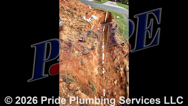 Pride Plumbing trenched a ditch using an excavator to expose and remove the existing Orangeburg outside main sewer septic drain line. We then installed a new 4-inch PVC sewer drain line, ensuring it connected properly to the town's sewer tap and the main drain line beneath the home. This included the installation of cleanouts and fittings in compliance with local codes. Tracer wire was also installed in the ditch alongside the new sewer drain line. After inspection and approval, we backfilled the trench, tamped the soil, and spread grass seed and straw to complete the project.