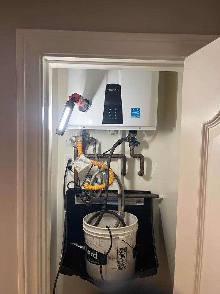 I arrived at the house to find a leak in 1 inch PVC that was the drain pan for the tankless water heater. We also talked to the homeowner and found out that Waterheater hasn’t had a flush and a really long time so we also did a tankless water flush
