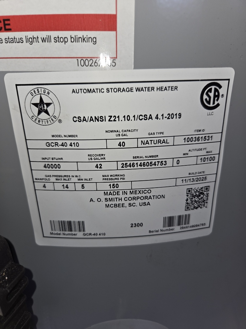 Furnished and installed AO Smith 40 gallon natural gas water heater