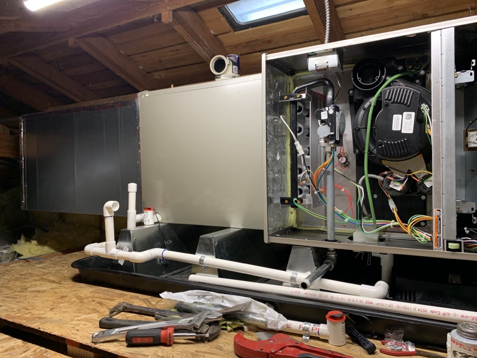 Orinda, CA - Horizontal furnace set in place in the attic Orinda, CA - Horizontal furnace set in place in the attic