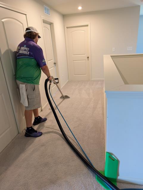 Lots of pet stains on this carpet in a house that is listed to sell. We treated the pet stains with a powerful enzyme solution and steam cleaned with a sanitizing rinse to flush out all contamination and cleaning solutions. We even post-treated with an oxidizing solution to ensure no color staining was left over from the pet stains. The carpets look spectacular! There were also a few ink stains we treated with a solvent and flushed out with our sanitizing rinse. 