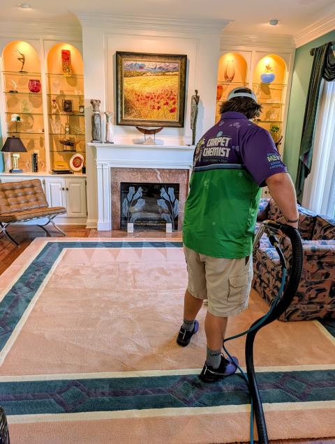 Typically we prefer to roll your rugs up and clean them at our rug washing facility for a deeper more thorough cleaning. Front and back side, fringes, the whole 9 yards. However, there are exceptions for some things. The stains on these wool rugs were from a few food and drink spills. No submerging rug washing required. We used a Woolsafe cleaner and a sanitizing rinse to remove every single stain. No steam/heat allowed on natural fiber rugs. They were so happy with the outcome!