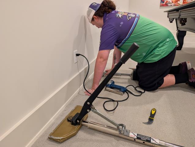 Upon arrival, I assessed the water damage in the basement and began by thoroughly drying the affected carpet. Using the Crain power stretcher, I meticulously stretched the carpet back to its original tension, ensuring a drum-tight fit. Additional carpet repair tools were employed to address any seams or loose areas. Following the stretching process, I steam cleaned the carpet with a sanitizing rinse to eliminate any lingering moisture and potential contaminants, restoring the carpet to its pre-damage condition.