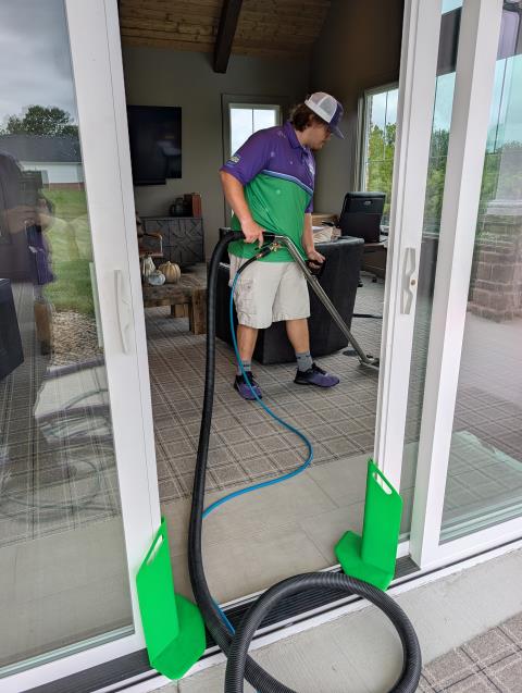 During the project, Brandon and Coby meticulously addressed a wood stain spill on a high-quality wool carpet. They began with a solvent pre-treatment to break down the stain. Using a horsehair brush, I gently agitated the area to aid in stain removal. After ensuring the stain was treated, I flushed the carpet thoroughly with a sanitizing rinse solution to eliminate any remaining residue, restoring the carpet to its original condition.