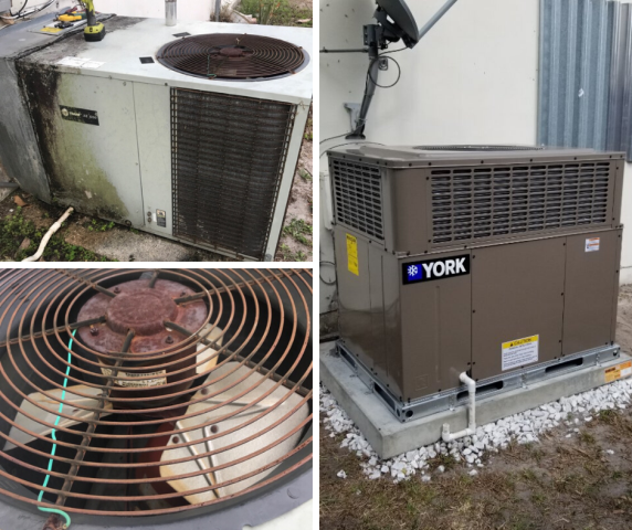 Boca Raton, FL - A Residential system in Boca Raton was not cooling properly, after a full diagnostic we discovered that this 17 year old system's condenser fan motor was seized and the condenser coil was damaged. Instead of performing costly repairs, we advised to replace the unit. Our Comfort Consultant was out to give new system replacement options to the customer, in less than 24 hour we have furnished and installed a brand new YORK unit and an updated programmable thermostat. Boca Raton, FL - A Residential system in Boca Raton was not cooling properly, after a full diagnostic we discovered that this 17 year old system's condenser fan motor was seized and the condenser coil was damaged. Instead of performing costly repairs, we advised to replace the unit. Our Comfort Consultant was out to give new system replacement options to the customer, in less than 24 hour we have furnished and installed a brand new YORK unit and an updated programmable thermostat.