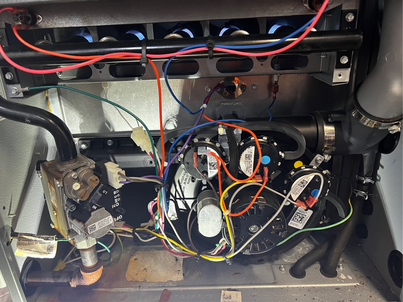 Franklin Lakes, NJ - Basement Furnace System: Turned on the heat and confirmed proper operation. Replaced the 20x25x1 filter and cleaned the blower cabinet and gas burners, which were in good working order with no signs of impingement. Blew out the condensate line for the condensing furnace. Checked electrical components, cleaned the flame sensor, and measured a temperature rise of 52 degrees (73/125). System is functioning properly.
The filter cabinet is an older Lennox model with UV light bulbs. Recommended updating it for easier filter changes, but the homeowner is not interested at this time. Also noted that the humidifier is non-operational and suggested replacing it if dry air becomes an issue. Franklin Lakes, NJ - Basement Furnace System: Turned on the heat and confirmed proper operation. Replaced the 20x25x1 filter and cleaned the blower cabinet and gas burners, which were in good working order with no signs of impingement. Blew out the condensate line for the condensing furnace. Checked electrical components, cleaned the flame sensor, and measured a temperature rise of 52 degrees (73/125). System is functioning properly.
The filter cabinet is an older Lennox model with UV light bulbs. Recommended updating it for easier filter changes, but the homeowner is not interested at this time. Also noted that the humidifier is non-operational and suggested replacing it if dry air becomes an issue.
