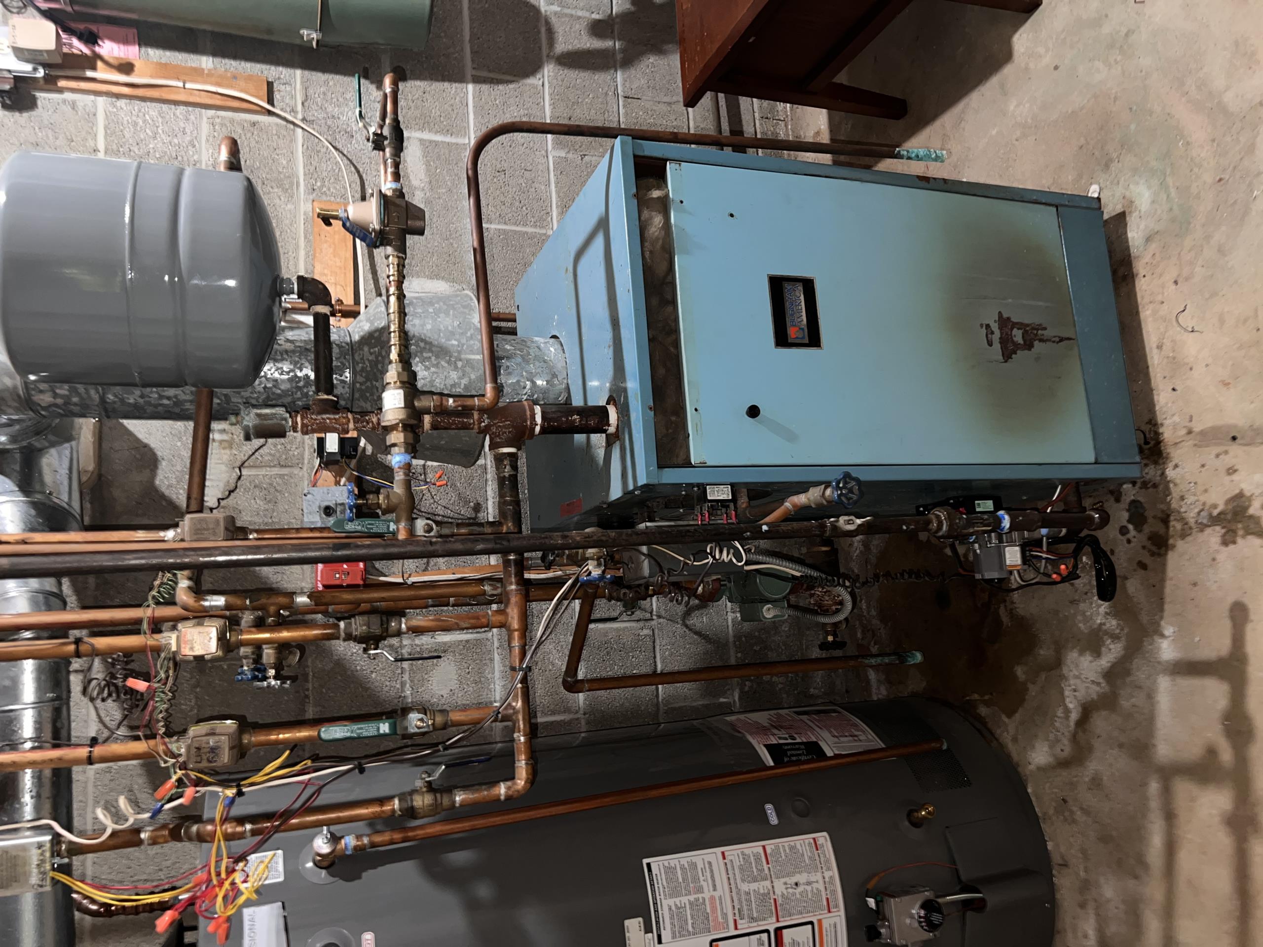 Arrived onsite for maintenance for one gas fired boiler. Turn on the thermostats up to heat and confirm operation of the boiler and each zone valve. Turned the boiler off and removed and cleaned all burners and wiped cleaner the burner compartment. Performed a visual inspection of all electrical and inspected all external water components such as the exp tank, fill valve, backflow preventer and the circulator pump. measured .7 amps on the circulator and measured 3.8wc on the gas valve.
