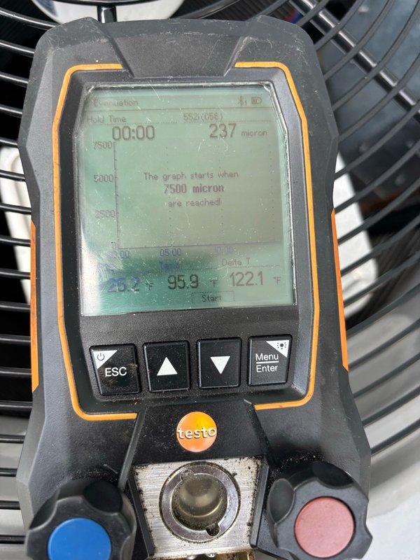 Replaced failed compressor on Coleman outdoor condensing unit. Evacuated system to proper vacuum levels, achieving 237 microns as verified with calibrated digital vacuum gauge. Recharged system to manufacturer specifications and confirmed proper operation of all components.