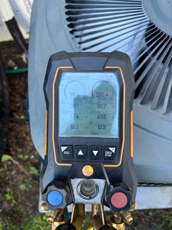 Completed seasonal maintenance on CPFP 2 air conditioning system. Inspected electrical components including dual run capacitor and wiring connections, verified all terminals secure and properly connected. Performed system diagnostics using digital manifold gauges, recording operating pressures and temperatures to confirm unit operating within manufacturer specifications.