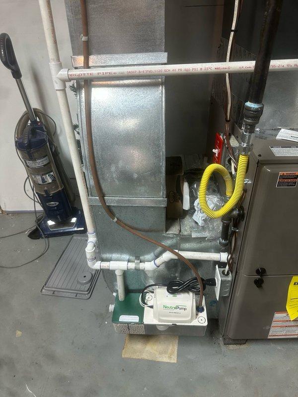 Completed furnace replacement in residential basement utility room. Installed new gray metal furnace unit with associated ductwork including galvanized metal air handler and plenum assembly. Configured complete condensate drainage system utilizing white PVC piping network with proper fittings, elbows, and T-connectors running horizontally and vertically throughout the installation area. Installed NeutraPump condensate removal system in clear plastic collection basin with discharge piping, positioned on protective mat for leak prevention. Connected bright yellow flexible corrugated condensate line from furnace to pump system. Integrated neutralizing media container with green housing containing white pellets to treat acidic condensate from high-efficiency furnace. Verified all PVC connections, copper line routing, and electrical connections to pump unit are secure and operational.