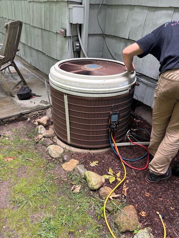 Responded to no cooling complaint on residential AC system. Upon arrival, connected diagnostic manifold gauges to measure system pressures and temperatures. Inspection revealed the outdoor condensing unit was running continuously but not achieving proper cooling capacity. Performed comprehensive system evaluation including refrigerant charge verification, compressor operation assessment, and airflow analysis. Identified issues with system performance affecting cooling efficiency. Documented equipment condition including visible corrosion on mounting components and overall unit status. Completed diagnostic testing and provided findings to customer with recommendations for restoring proper system operation.
