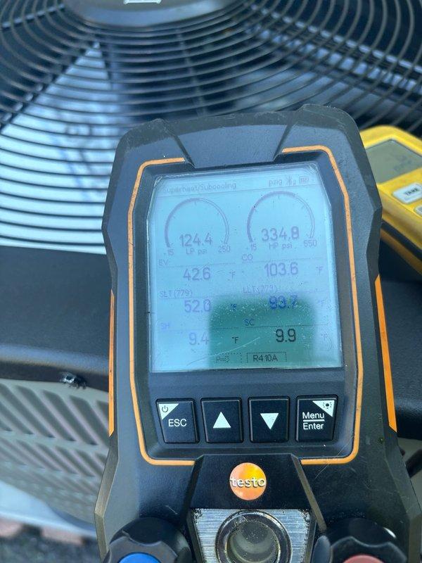 Replaced existing 5-ton condenser with new R410A compatible condensing unit. Verified system operation with digital manifold gauges, confirming proper refrigerant pressures and temperatures with superheat and subcooling within manufacturer specifications. System tested and operational with indoor Coleman furnace unit.