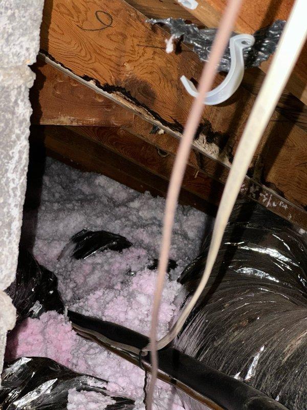 Responded to service call regarding unusual sound originating from ductwork system. Conducted thorough inspection of attic space and examined all accessible ductwork, including black flexible ducting, copper refrigerant lines, and associated mechanical components. Inspected wooden framing, insulation, and pipe fittings for any loose connections or contact points that could generate noise. Unable to replicate or locate the reported sound during inspection period. Documented attic conditions with photographs showing ductwork routing, insulation placement, and structural components for future reference if issue recurs.