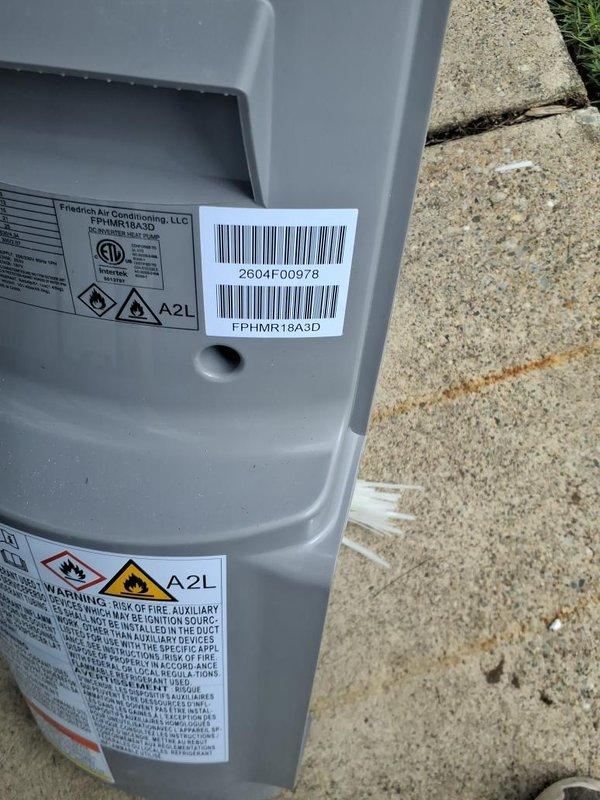 Replaced Friedrich mini split system model FPHMR18A3D. Equipment was received and installed per manufacturer specifications. Unit was properly positioned on concrete pad and all warning labels verified in place including A2L refrigerant safety markings and CTL certification compliance.