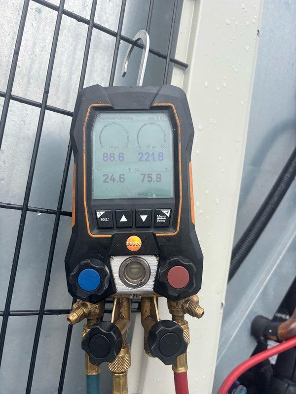 Responded to service call for commercial Daikin rooftop unit experiencing short cycling issues following module replacement from previous day. Performed diagnostic testing using digital manifold gauge, which revealed abnormal pressure readings indicating potential refrigerant charge imbalance or compressor cycling problem. Investigated electrical connections and control board operation to identify root cause of intermittent on/off cycling behavior and determine necessary corrective action to restore normal unit operation.