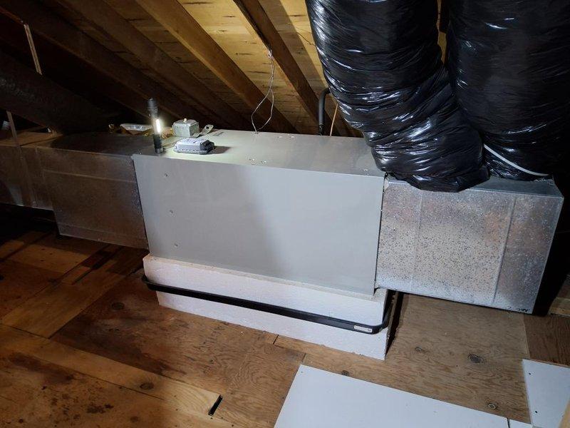 Completed comprehensive assessment of existing HVAC system for replacement, including attic-mounted air handler with flexible ductwork and interior thermostat. Documented current equipment configuration, measured installation space, photographed existing components, and provided detailed estimate for complete AC system replacement.