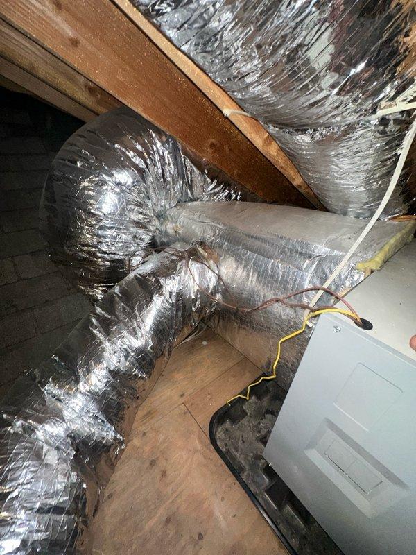 Performed nitrogen leak test on HVAC system to identify refrigerant leaks in attic-mounted air handler and associated ductwork. Pressurized system with nitrogen, monitored pressure readings, and inspected all connections, joints, and components to verify system integrity and locate any potential leak points.