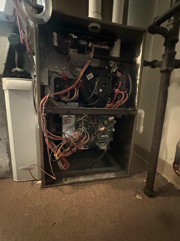 Responded to no cooling call and performed diagnostic inspection of HVAC system. Accessed furnace unit to examine blower motor assemblies, electrical connections, and control boards for potential issues affecting air conditioning operation. Documented internal components and wiring configuration, including blower motors, circuit boards, and condensate drainage system with PVC piping and ball valves.