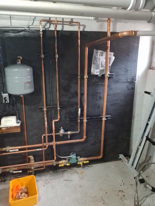 Completed comprehensive preventive maintenance and tune-up on gas-fired boiler heating system. Performed full inspection of boiler unit, copper piping network, expansion tank, circulation pump, and all associated valves and fittings. Verified proper operation of all system components, checked for leaks throughout the piping assembly, and confirmed adequate system pressurization. Cleaned and serviced boiler internals, tested safety controls, and ensured all shut-off valves were functioning correctly for optimal system performance and reliability.