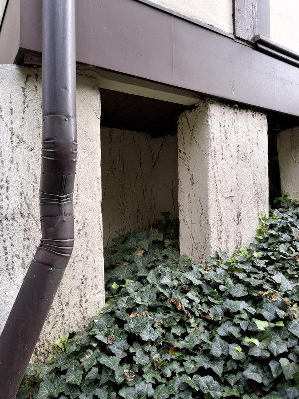 Completed estimate for make-up air system installation. Assessed exterior building conditions including Tudor-style architecture with stucco panels, foundation wall with weathering and vegetation growth, and existing drainage system. Documented current state of building envelope, identified areas of water damage and staining on lower wall surfaces, and evaluated ventilation requirements. Photographed site conditions to support equipment sizing and installation planning for proposed make-up air unit.
