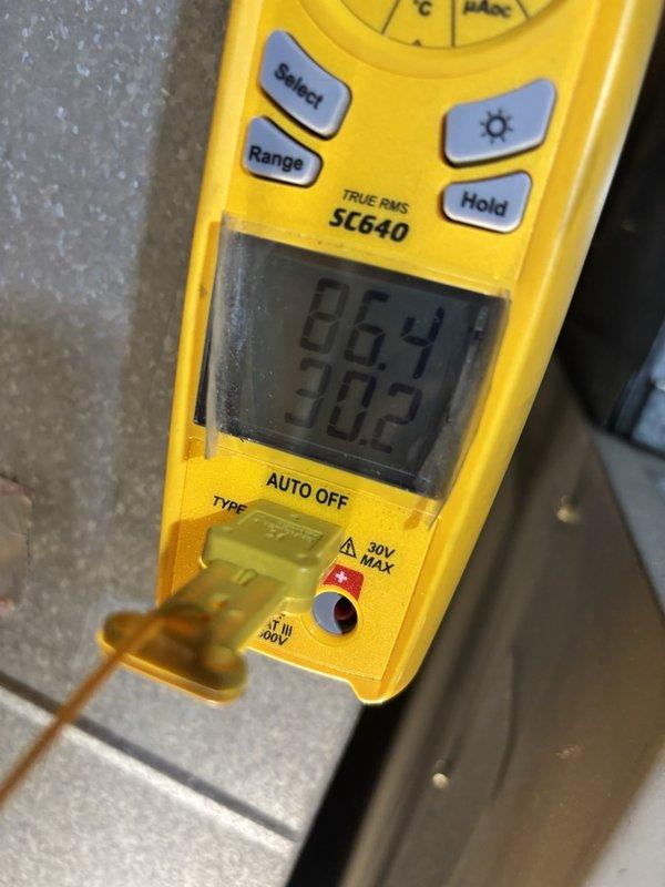 Performed a maintenance inspection and tune-up on one gas furnace, including inspection of the internal ductwork and plenum, which showed heavy dust accumulation and deteriorated areas of the fibrous duct lining. Measured system temperatures with a digital true-RMS meter and temperature probe to verify operating performance, and found no visible frost, rust, or cracking on the equipment or surrounding surfaces.
