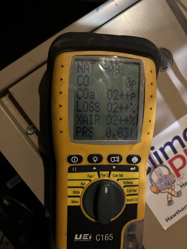 Performed maintenance inspection and tune-up on three gas-fired heating units, including combustion analysis of each flue with a calibrated UEi C165 analyzer to verify CO levels, CO2, excess air, and draft pressure within safe operating parameters. Inspected and tuned the units to confirm safe, efficient combustion and proper operation.