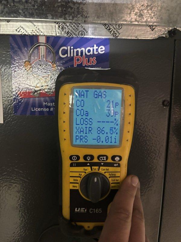 Performed maintenance inspection and tune-up on three gas-fired heating units, including combustion analysis of each flue with a calibrated UEi C165 analyzer to verify CO levels, CO2, excess air, and draft pressure within safe operating parameters. Inspected and tuned the units to confirm safe, efficient combustion and proper operation.