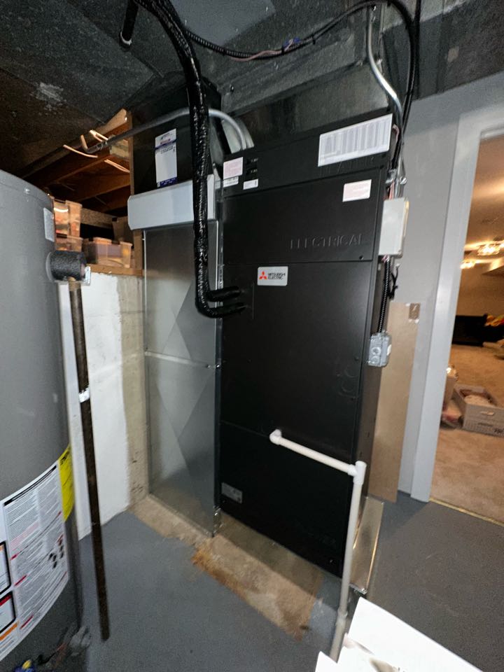 Performing a post installation startup/ inspection on a Mitsubishi Electric heat pump and air handler, which replaced a Lennox natural gas furnace, in Northbrook, IL 60062