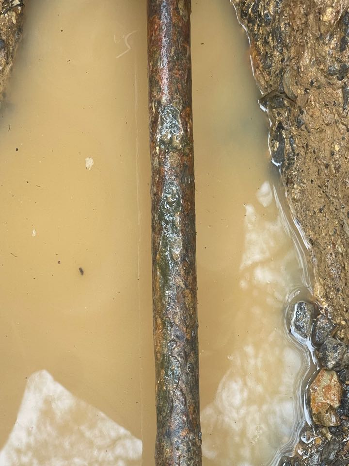 There was a rupture in galvanized waterline coming from main in the yard. We installed a repair coupling to the Line to stop leak from persuading.