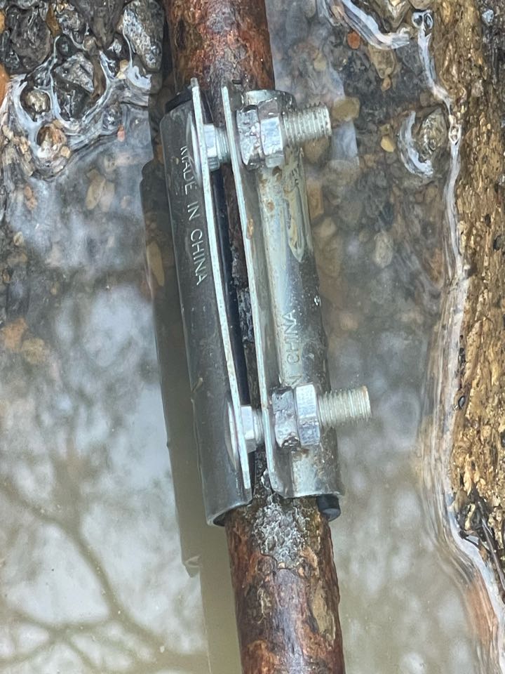 There was a rupture in galvanized waterline coming from main in the yard. We installed a repair coupling to the Line to stop leak from persuading.