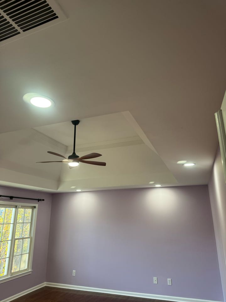 Electricians installing can lights and replacing fan in master bedroom. 
